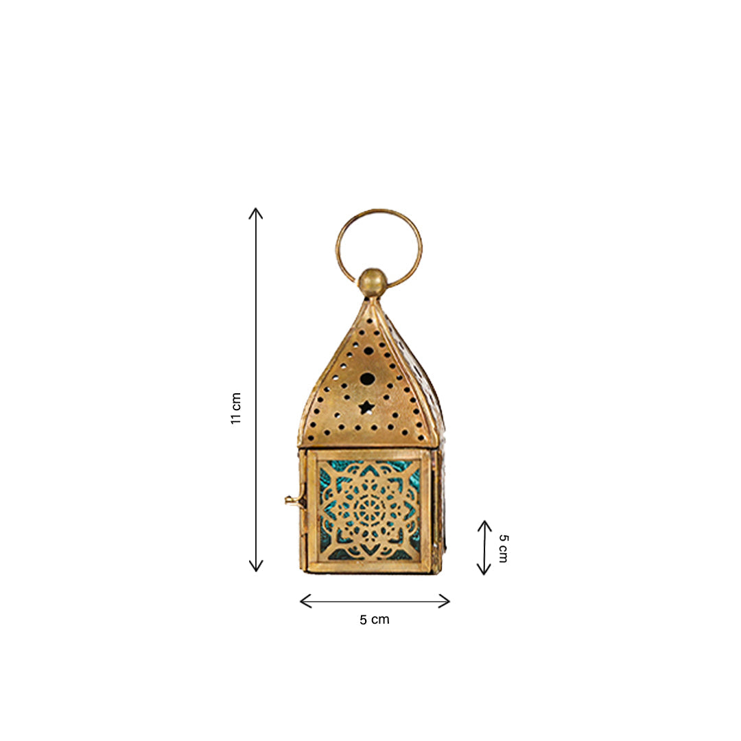 فوانيس صغيرة من النحاس الأصفر بتصميم تراثي عريق – زجاج متعدّد الألوان (طقم من 6 قطع)