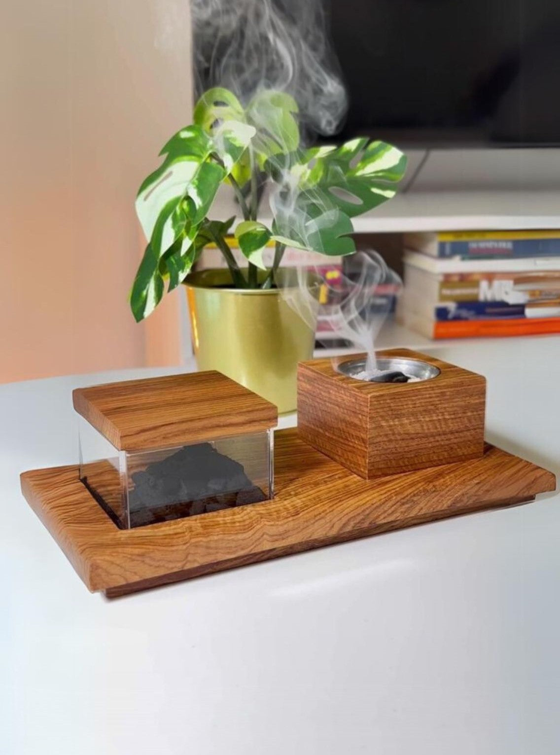 طقم مبخرة خشبية مع صينية