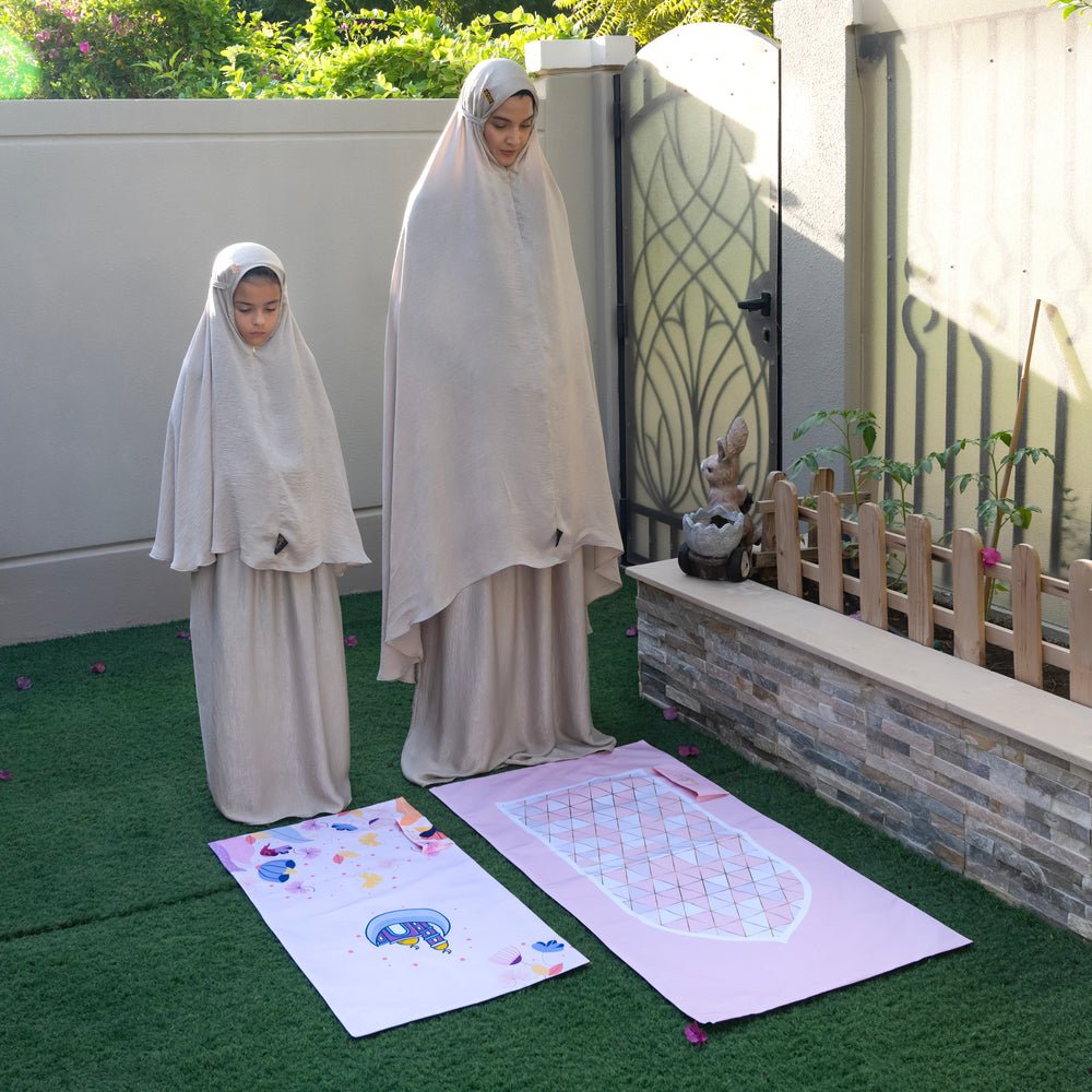 ثوب الصلاة - مجموعة الأميرة المسلمة قطعتان - للأطفال - بلون الوردي الترابي
