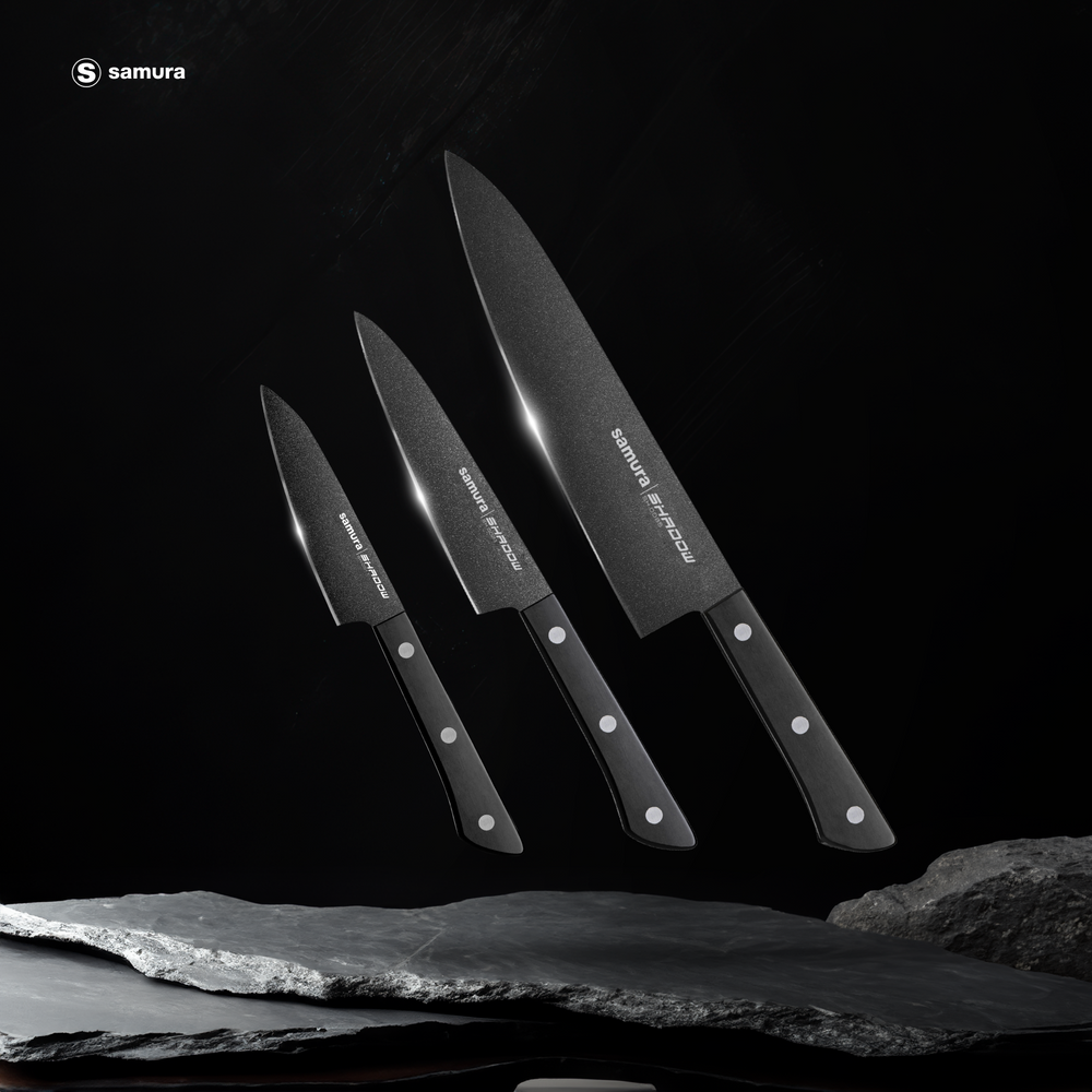 
                      
                        Samura SHADOW Set of 3 Kitchen Knives: Chef's knife, Utility knife, Paring Knife with Black Non-Stick Coating
                      
                    