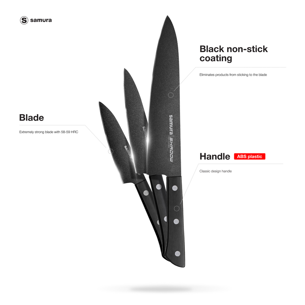 
                      
                        Samura SHADOW Set of 3 Kitchen Knives: Chef's knife, Utility knife, Paring Knife with Black Non-Stick Coating
                      
                    