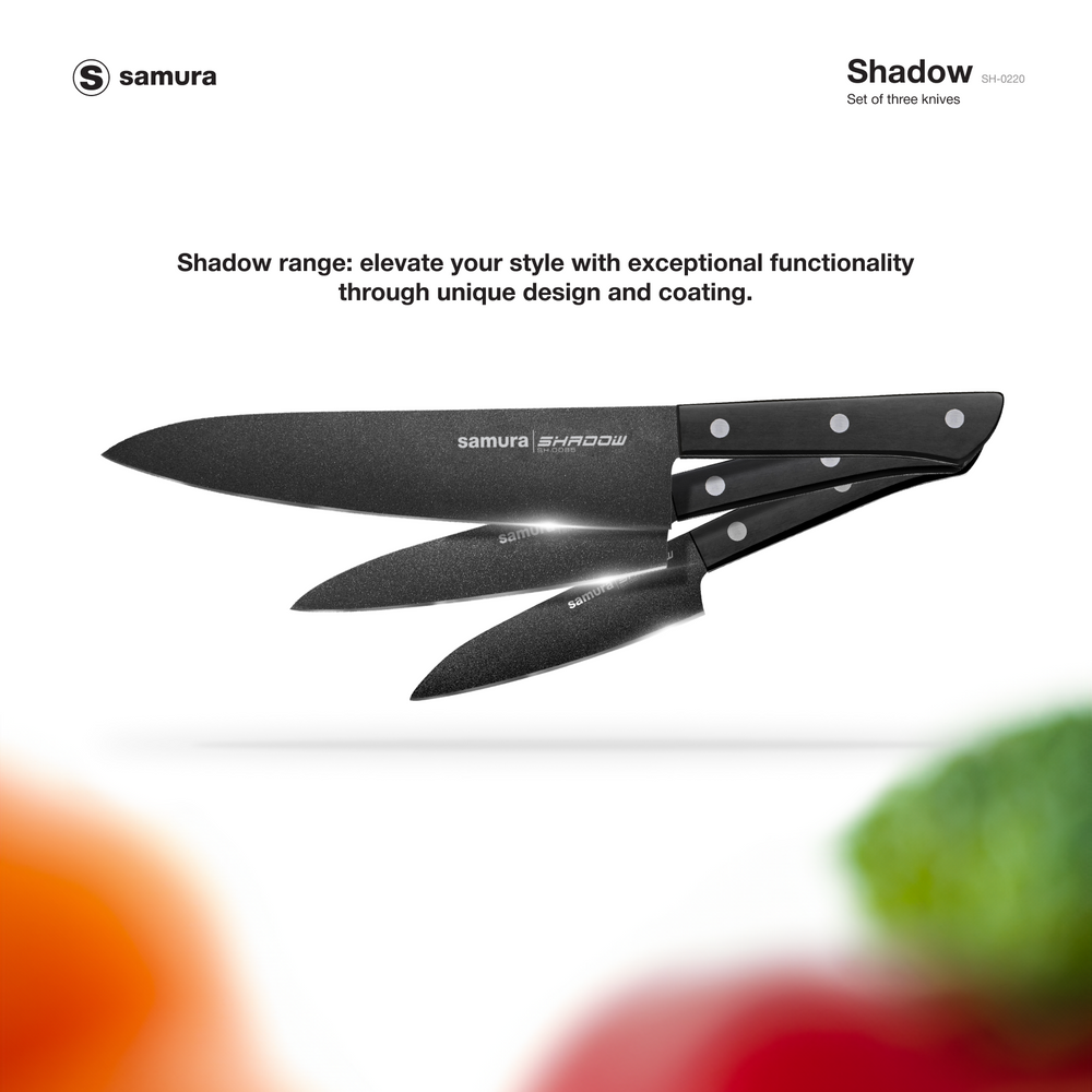 
                      
                        Samura SHADOW Set of 3 Kitchen Knives: Chef's knife, Utility knife, Paring Knife with Black Non-Stick Coating
                      
                    