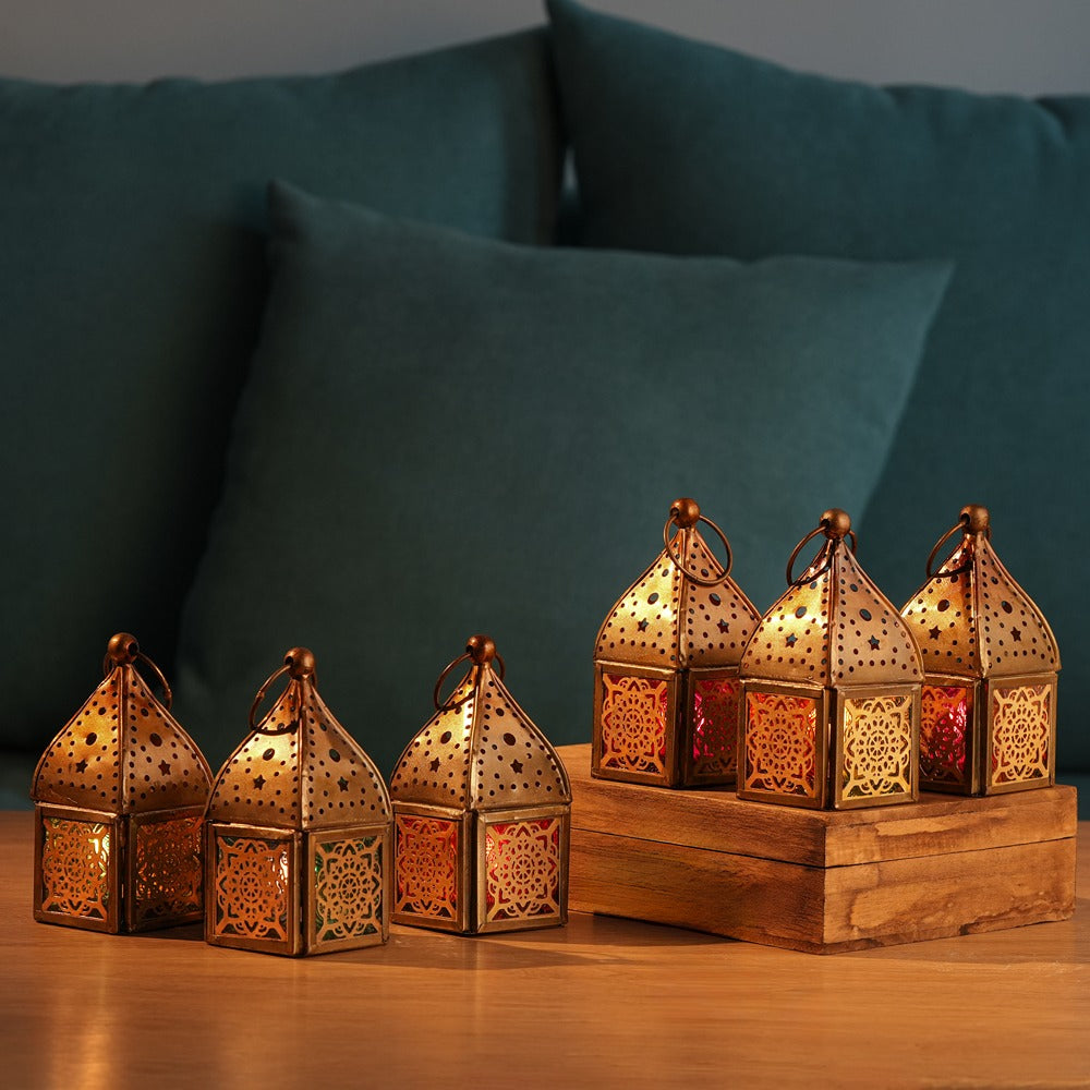 Mini Brass Antique Style Lanterns - Multi Color Glass (Set of 6)