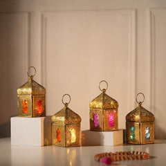 Mini Brass Antique Style Lanterns - Multi Color Glass (Set of 4)