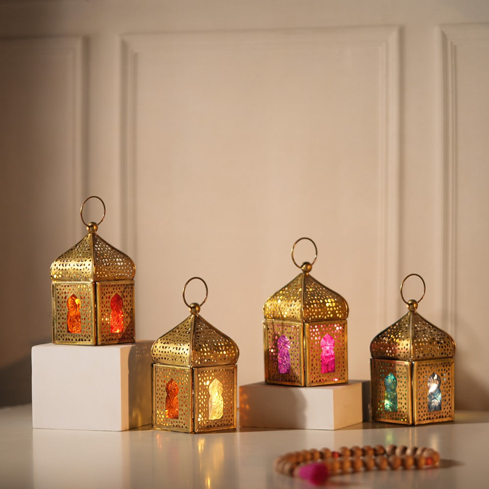 
                      
                        Mini Brass Antique Style Lanterns - Multi Color Glass (Set of 4)
                      
                    