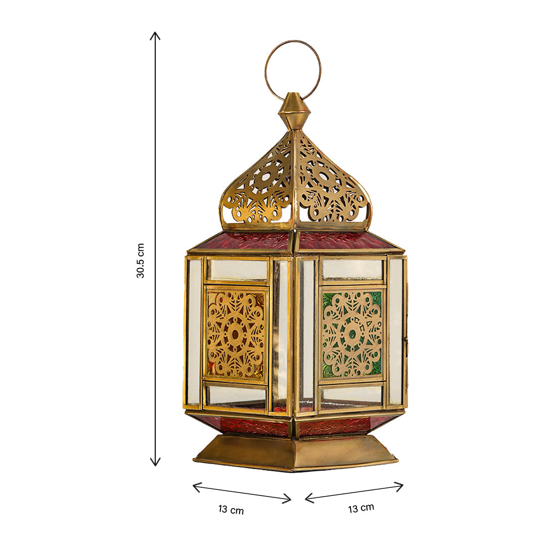 فانوس عتيق من النحاس الأصفر - زجاج أحمر وأخضر وشفاف