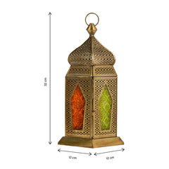 فانوس مغربي عتيق من النحاس - زجاج باللون الأخضر والبرتقالي