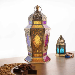 Oriental Golden Brass Antique Lantern - Multi Color Glass