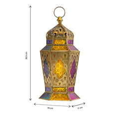 Oriental Golden Brass Antique Lantern - Multi Color Glass