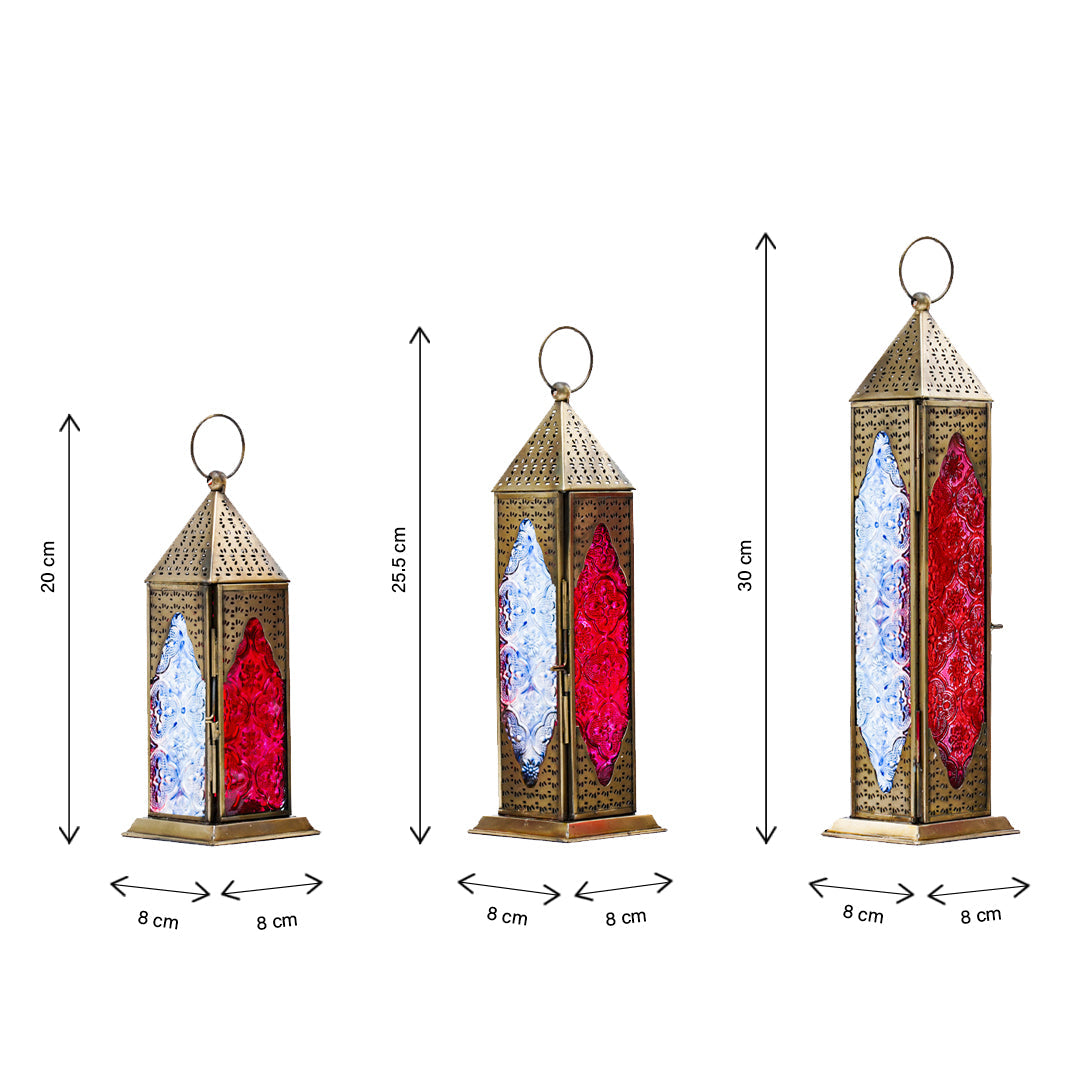فوانيس ثلاثية من النحاس العتيق - زجاج باللون الأزرق/الأحمر (مجموعة من 3 قطع)