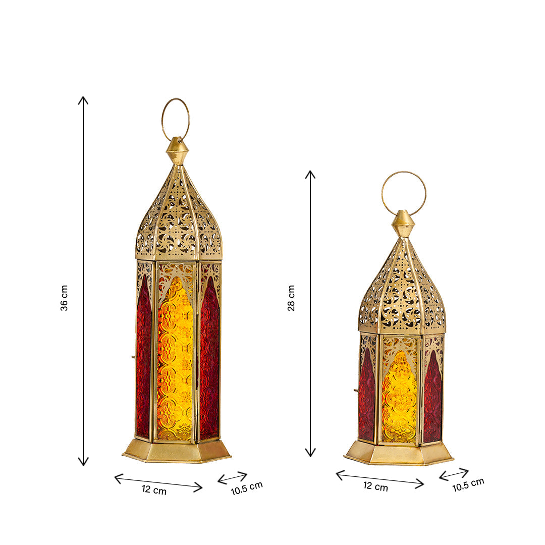 Duo Brass Antique Lanterns - Yellow/Red Color Glass (Set of 2)