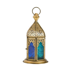 Blue Chic Short Brass Antique Lantern - Blue Turquoise Duo Glass - Hilalful