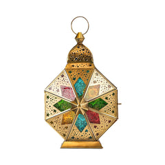 Cairo Charm Brass Antique Lantern - Multi Color Glass - Hilalful