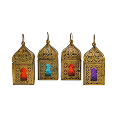 Mini Brass Antique Style Lanterns - Multi Color Glass (Set of 4)