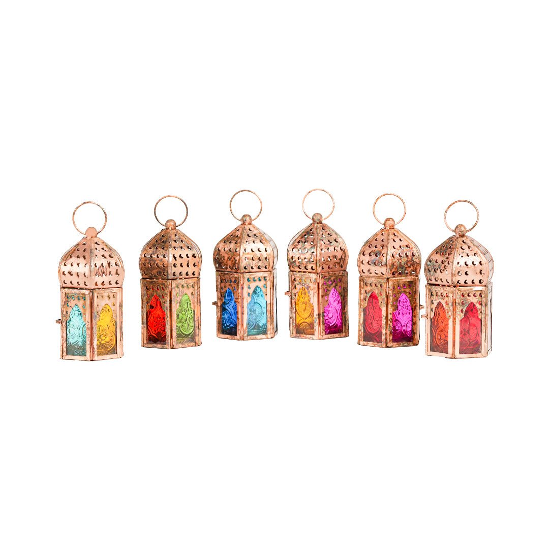 Mini Copper Antique Style Lanterns - Multi Color Glass (Set of 6)