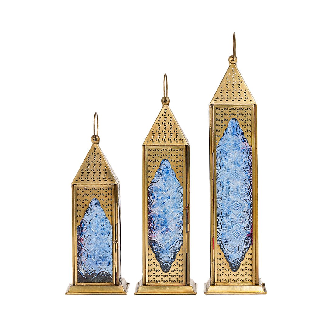 Trio Brass Antique Lanterns - Blue/Red Color Glass (Set of 3)